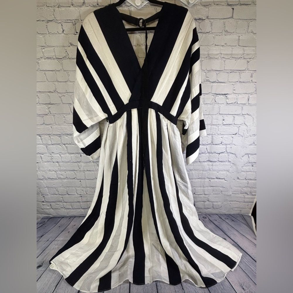 Adam Lippes Collective Black White Stripe Kimono Sleeve Chic Midi Dress 10